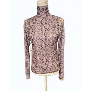 Cinq a Sept Mesh Long Sleeve Turtleneck Top with Snake Print, Large